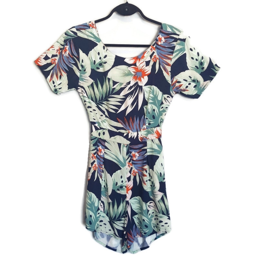 Motel Rocks Tropical Palm Romper Short Sleeve Cut Out Rayon Womens Size XS